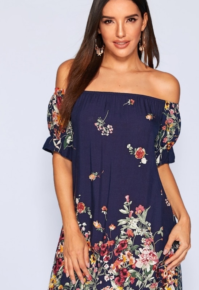 Floral Print Ruffle Cuff Bardot Lightweight Off Shoulder Tunic Short  Dress 👗